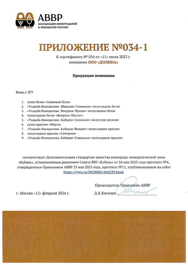 Приложение № 034-1 к Сертификату качества № 034 (ООО ДОЛИНА)