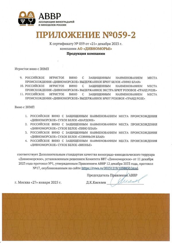Приложение к Сертификату качества № 059 (АО ДИВНОМОРЬЕ) Приложение к Сертификату качества № 059 (АО ДИВНОМОРЬЕ)