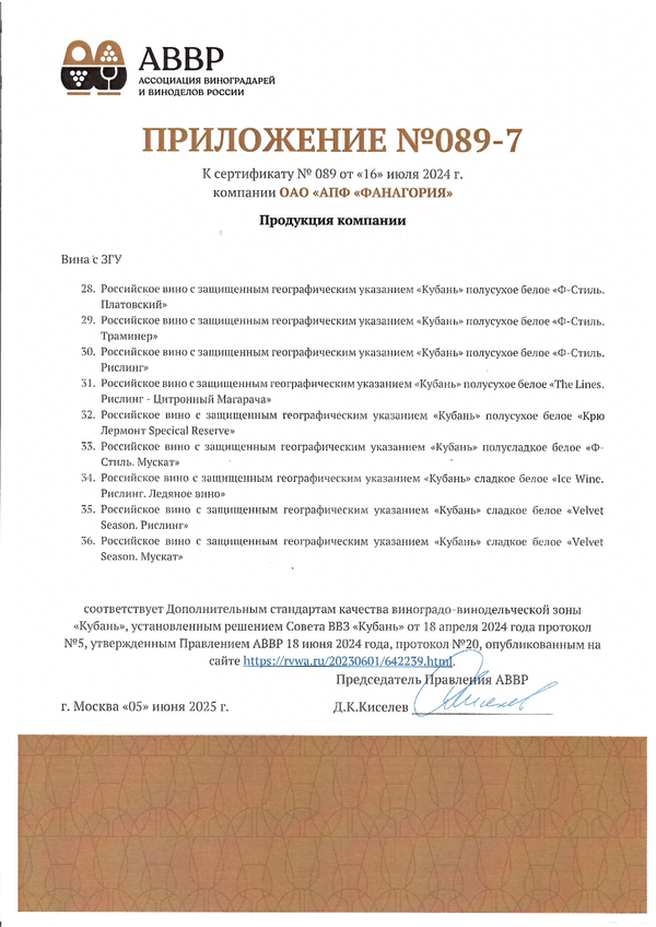 Приложение к Сертификату качества № 089 (ОАО АПФ ФАНАГОРИЯ) Приложение к Сертификату качества № 089 (ОАО АПФ ФАНАГОРИЯ)