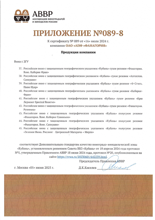 Приложение к Сертификату качества № 089 (ОАО АПФ ФАНАГОРИЯ) Приложение к Сертификату качества № 089 (ОАО АПФ ФАНАГОРИЯ)