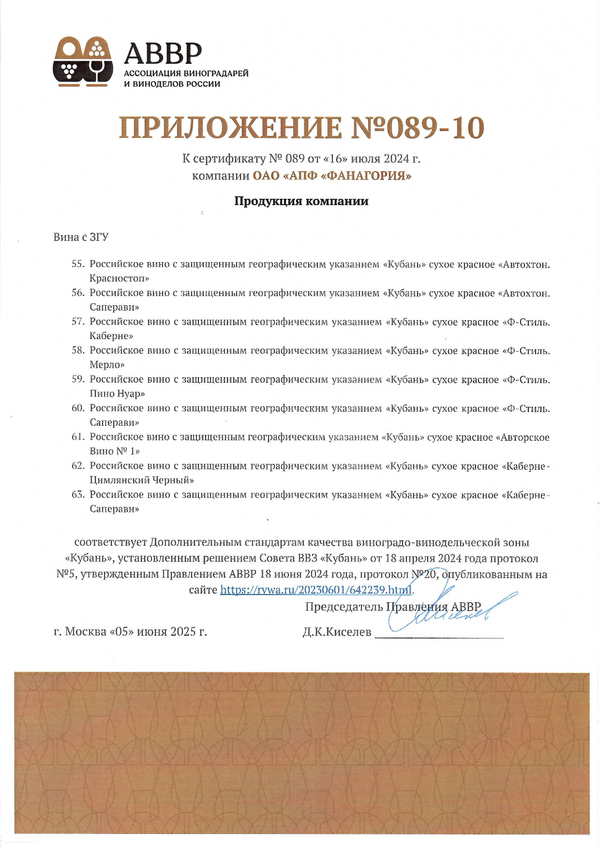 Приложение к Сертификату качества № 089 (ОАО АПФ ФАНАГОРИЯ) Приложение к Сертификату качества № 089 (ОАО АПФ ФАНАГОРИЯ)