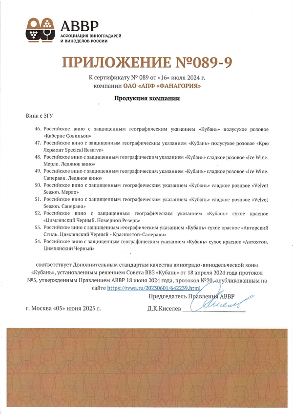 Приложение к Сертификату качества № 089 (ОАО АПФ ФАНАГОРИЯ) Приложение к Сертификату качества № 089 (ОАО АПФ ФАНАГОРИЯ)