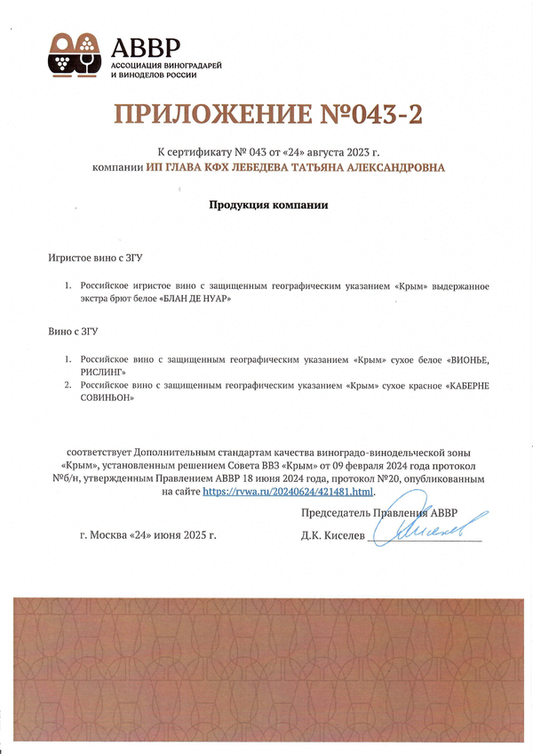 Приложение к Сертификату качества № 043 (ИП ГКФХ Лебедева Татьяна Александровна) Приложение к Сертификату качества № 043 (ИП ГКФХ Лебедева Татьяна Александровна)
