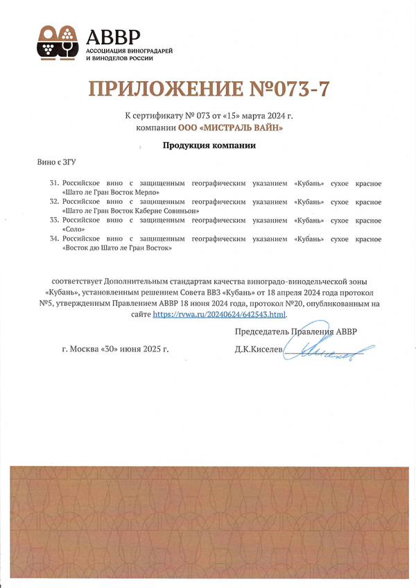Приложение к Сертификату качества № 073 (ООО МИСТРАЛЬ ВАЙН) Приложение к Сертификату качества № 073 (ООО МИСТРАЛЬ ВАЙН)