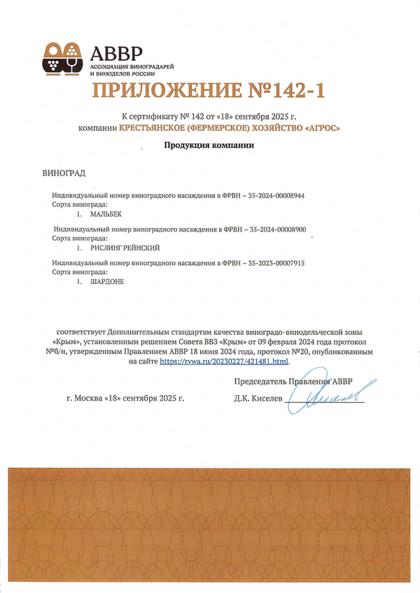 Сертификат качества № 142 (К(Ф)Х АГРОС) Сертификат качества № 142 (К(Ф)Х АГРОС)