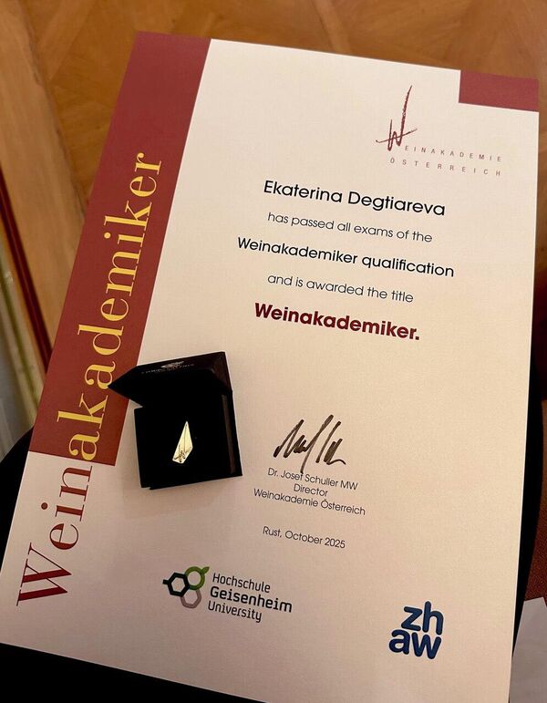 Екатерина Дегтярева во время получения диплома в Weinakademie Österreich (Австрия)