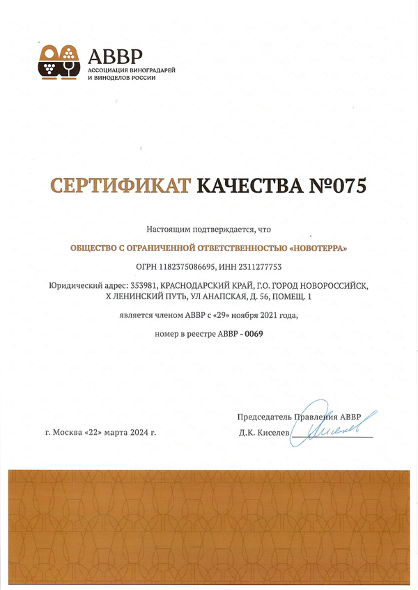 Приложение к Сертификату качества № 075 (ООО НОВОТЕРРА)