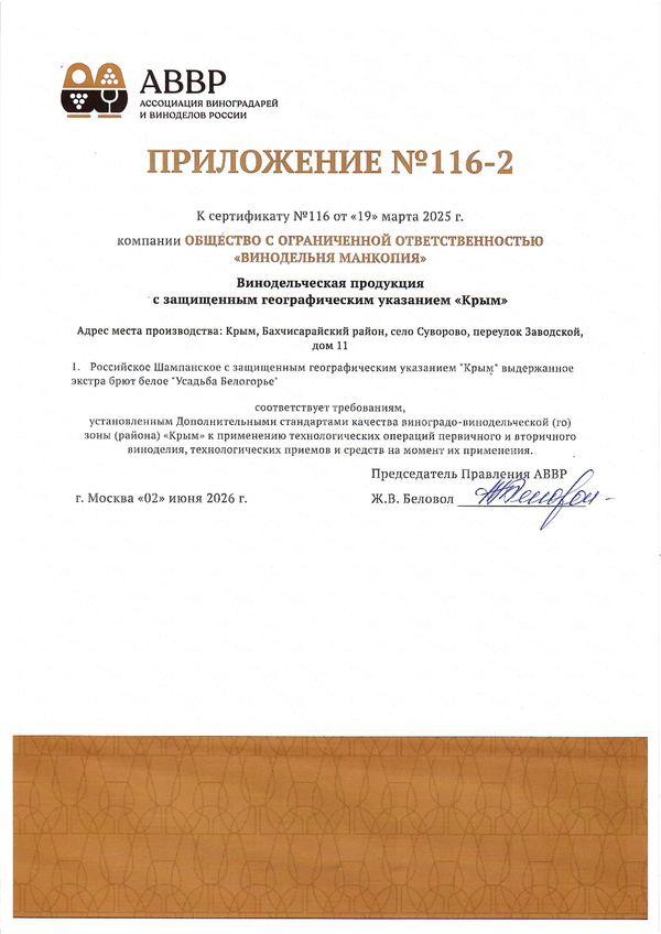 Приложение к Сертификату качества № 116 (ООО ВИНОДЕЛЬНЯ МАНКОПИЯ)