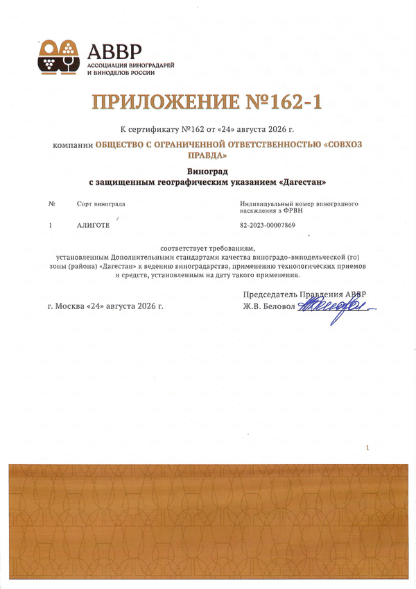 Приложение к Сертификату качества № 162 (ООО СОВХОЗ ПРАВДА)